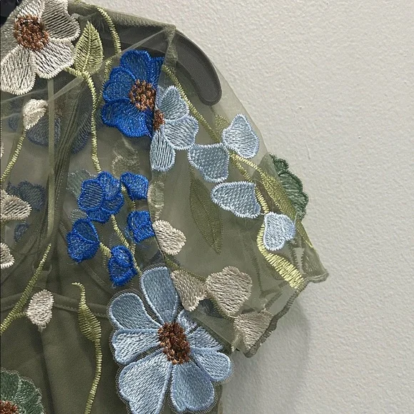 Embroidered Olive Green Sheer Floral Blouse - Picture 4 of 6